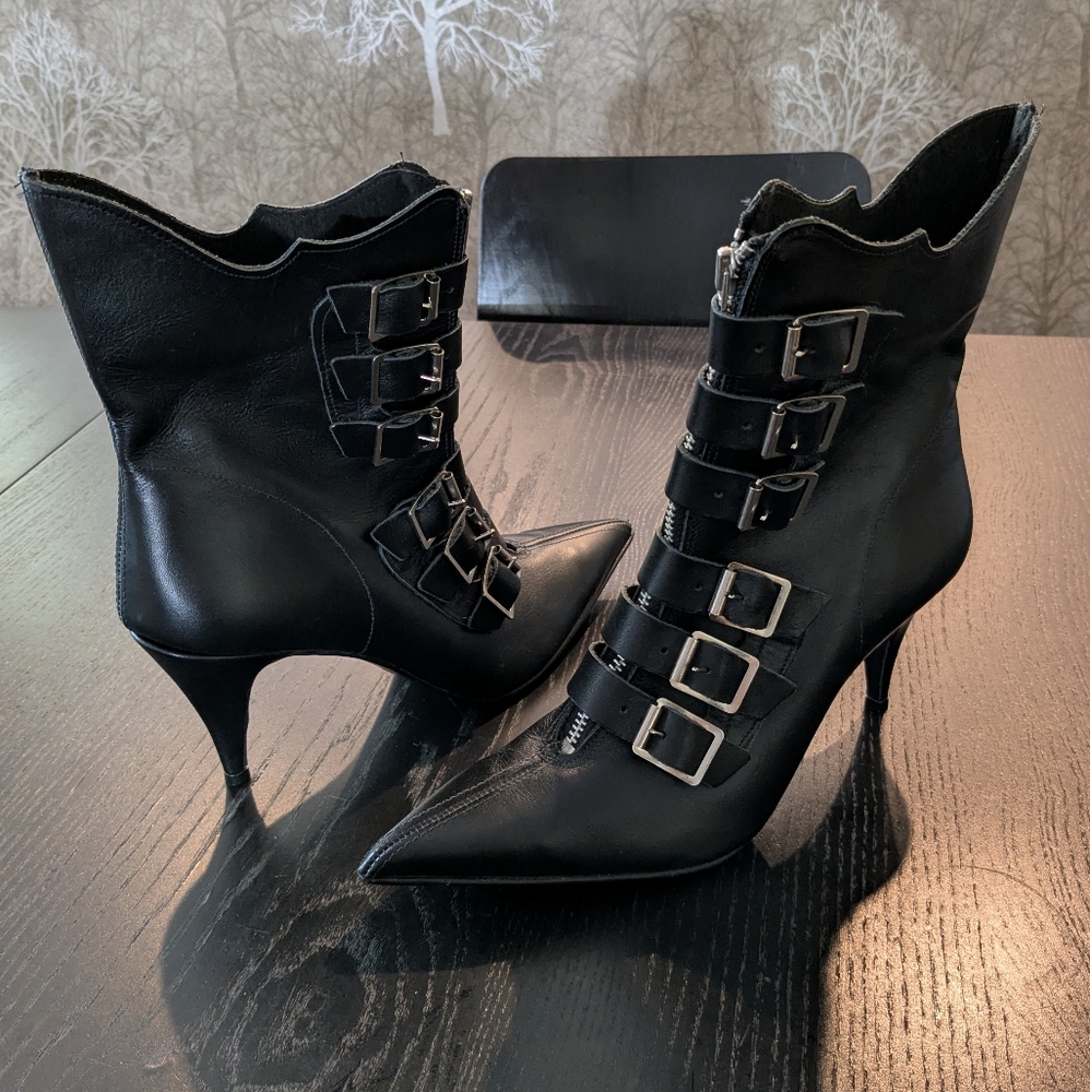 NEW UK 6 US 7 Black Leather Winklepicker Heeled Boots Buckles Gothic Fetish